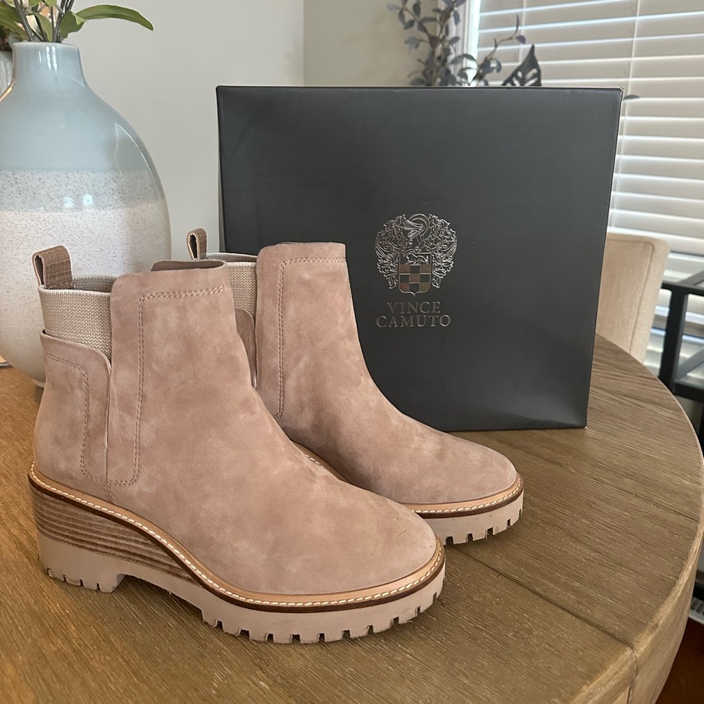 Vince Camuto Dendra Truffle Taupe Suede Wedge Ankle Boots